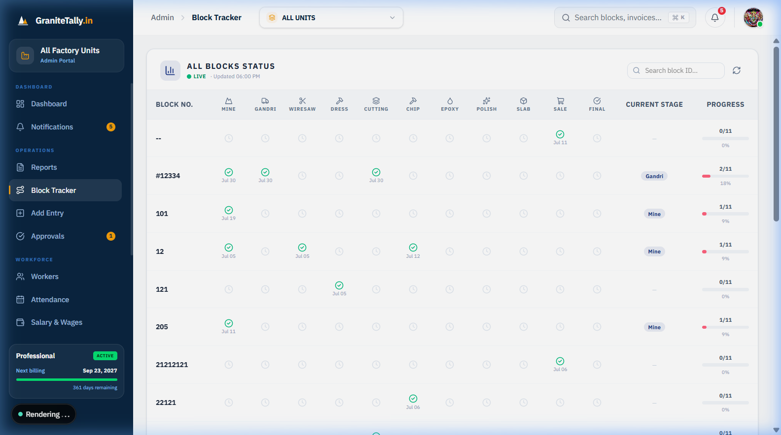 GraniteTally Block Tracker — Live block status across all production stages